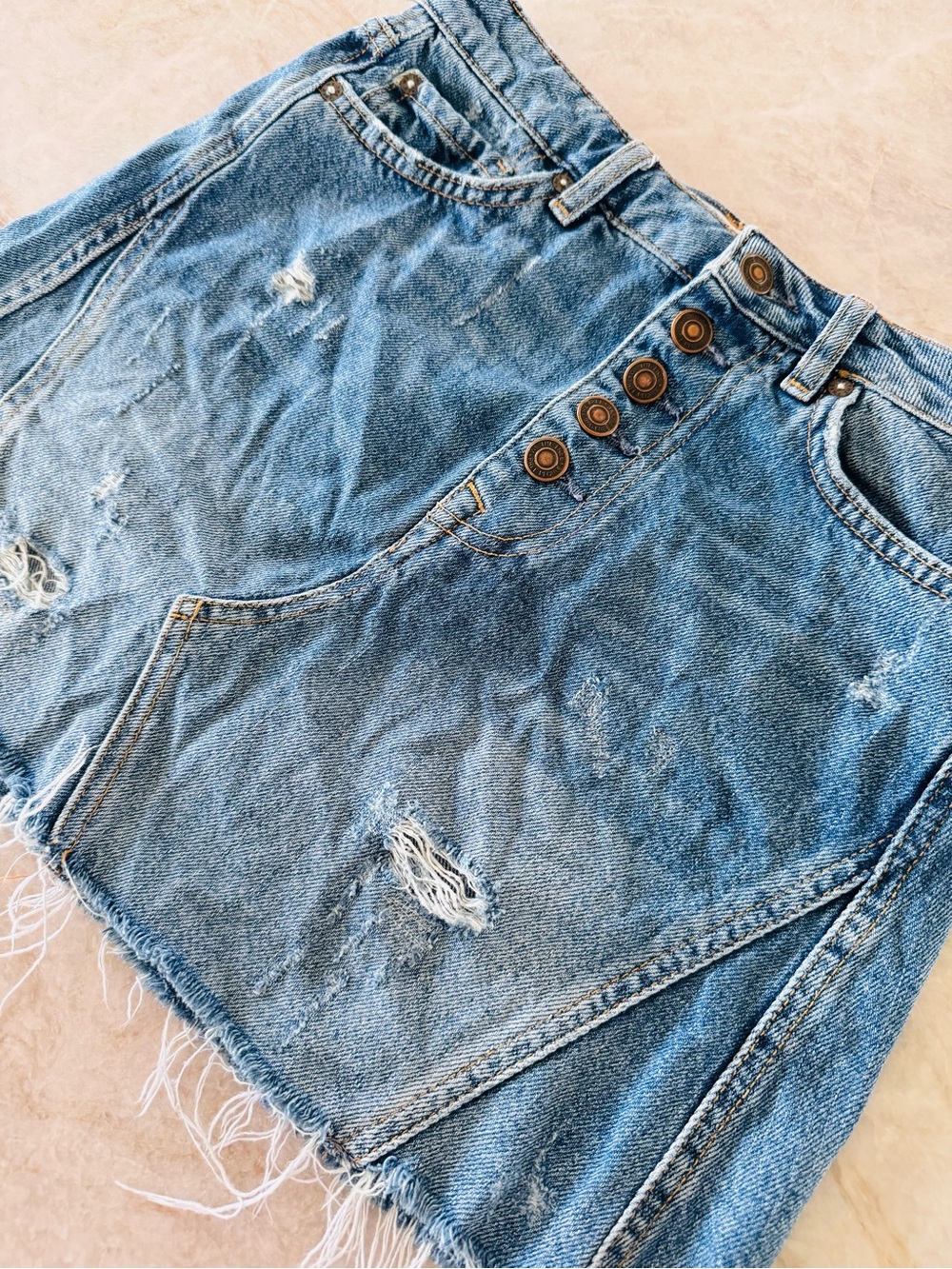 Free People We The Free Distressed Button Fly Denim Mini Skirt 26